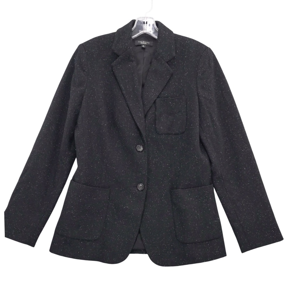 Talbots Women's Black Speckle Tweed Blazer Wool Blend Jacket Size 10